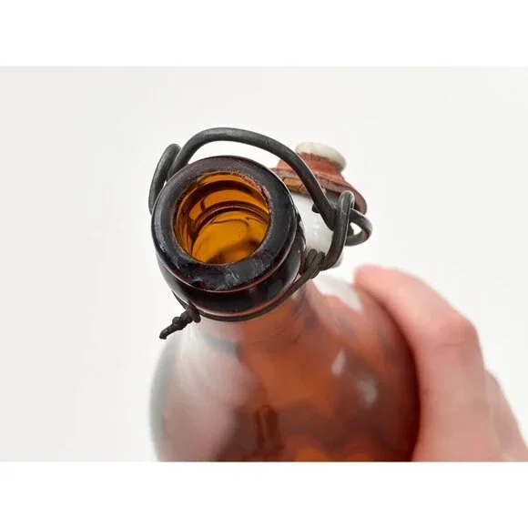 Antique Brown | Honey Gold Vintage German Made Glass Flip Top Bottle - Picture 7 of 10